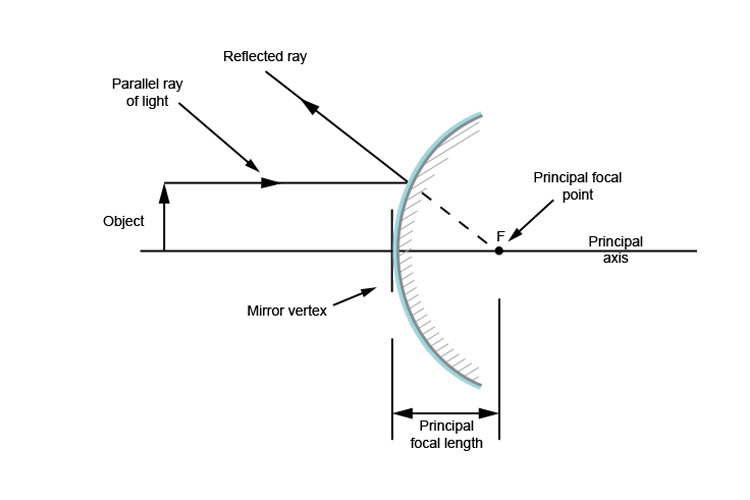Ray diagram showing the principal focal length of a convex mirror